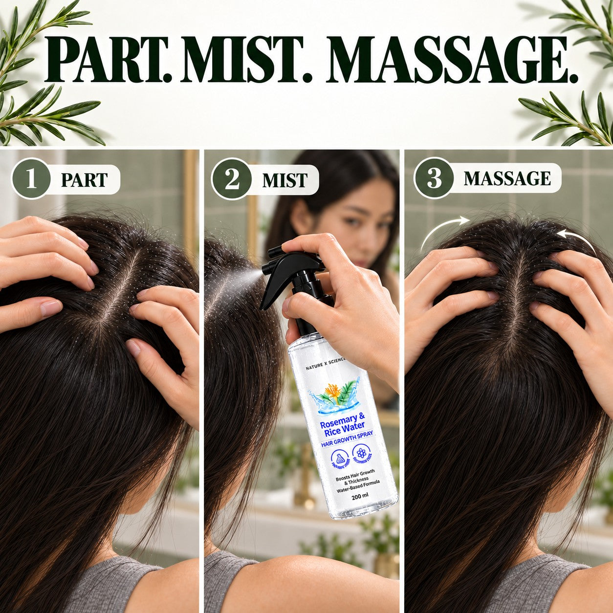 Simple part, spray and massage scalp care routine