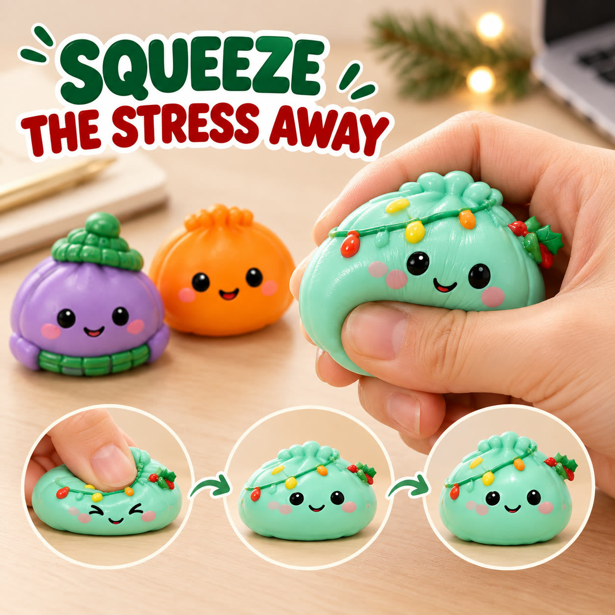 Hand squeezing a festive mini squishy with a three-step slow-rise demonstration