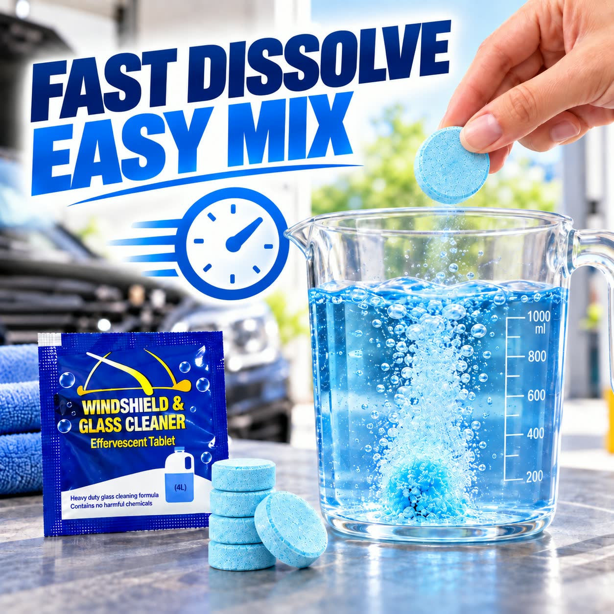 A washer tablet dissolving quickly in a clear mixing container