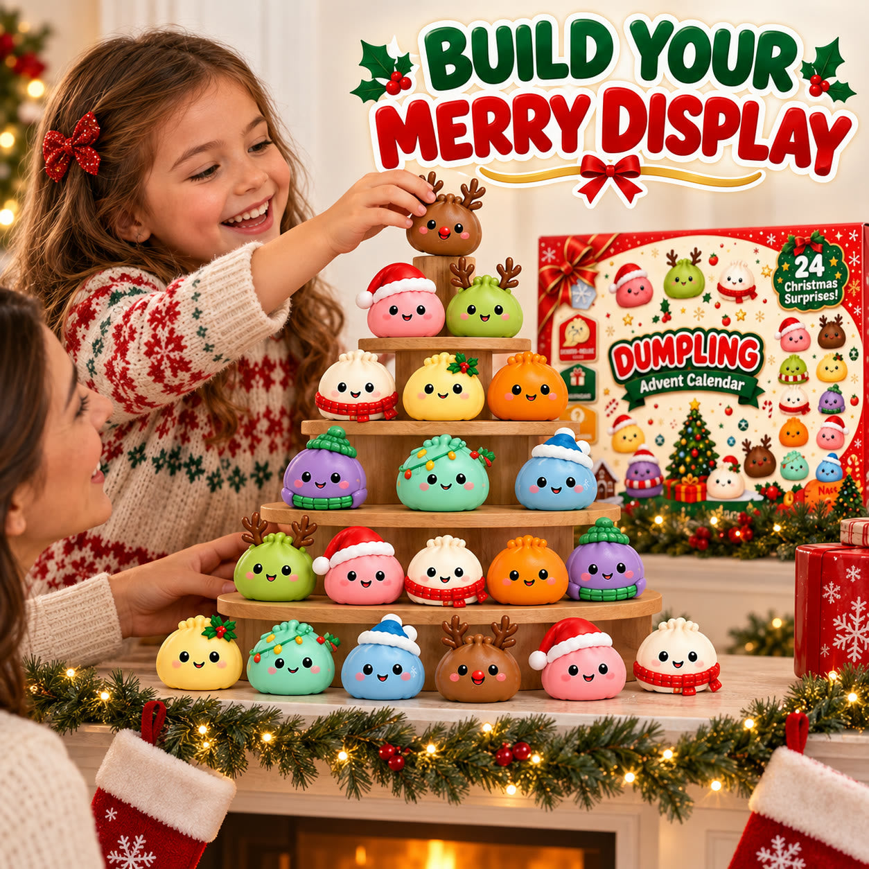 Colorful Christmas squishies arranged as a tiered holiday display