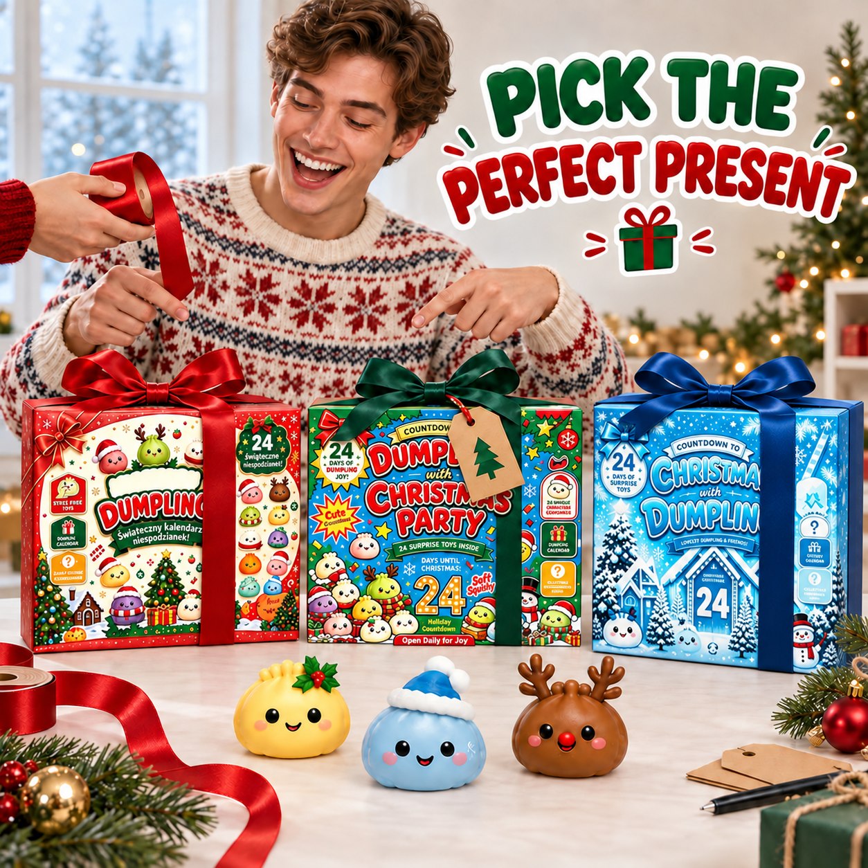 Three gift-ready Christmas advent calendar presentations with ribbon and gift bag