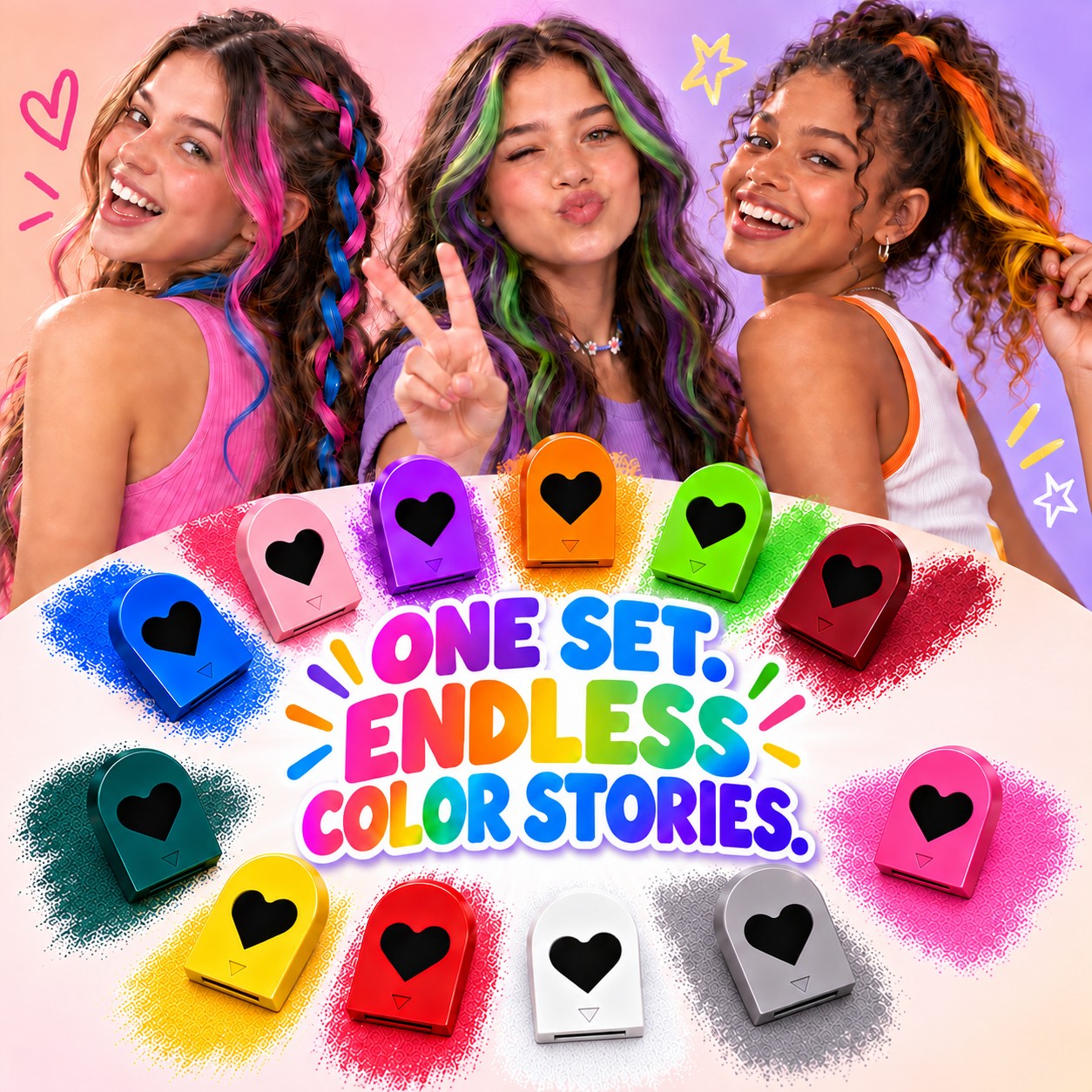 Twelve washable hair chalk shades arranged together