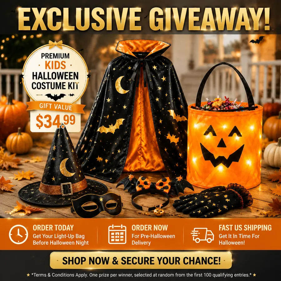 Exclusive giveaway for a premium kids Halloween costume kit with BooLume light-up trick-or-treat bag