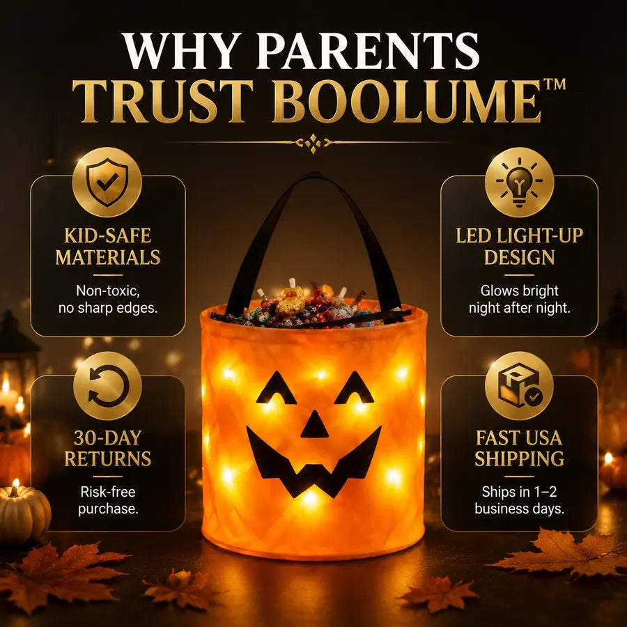 Why parents trust BooLume light-up trick-or-treat bags with kid-safe materials, LED design, returns, and fast USA shipping