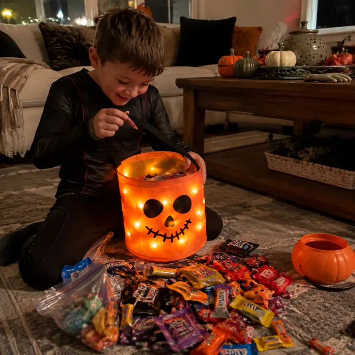 Child checking a glowing orange BooLume bag full of Halloween candy