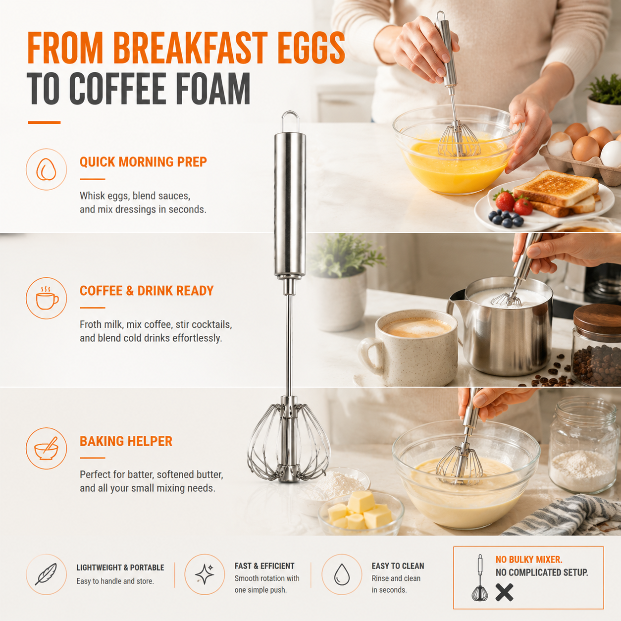 From breakfast eggs to coffee foam stainless steel rotary whisk uses