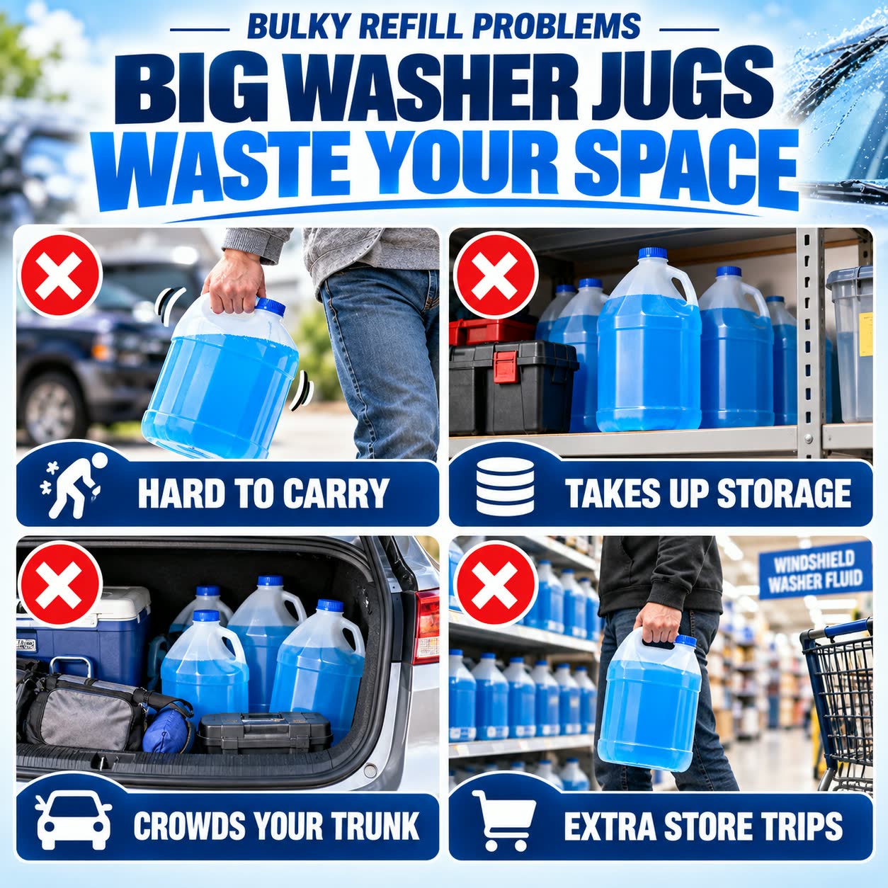 Large washer fluid jugs are hard to carry and take up storage space