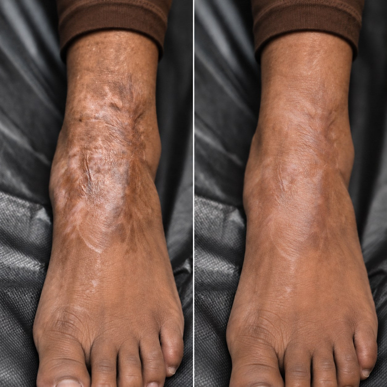 Side-by-side burn scar appearance comparison on a foot