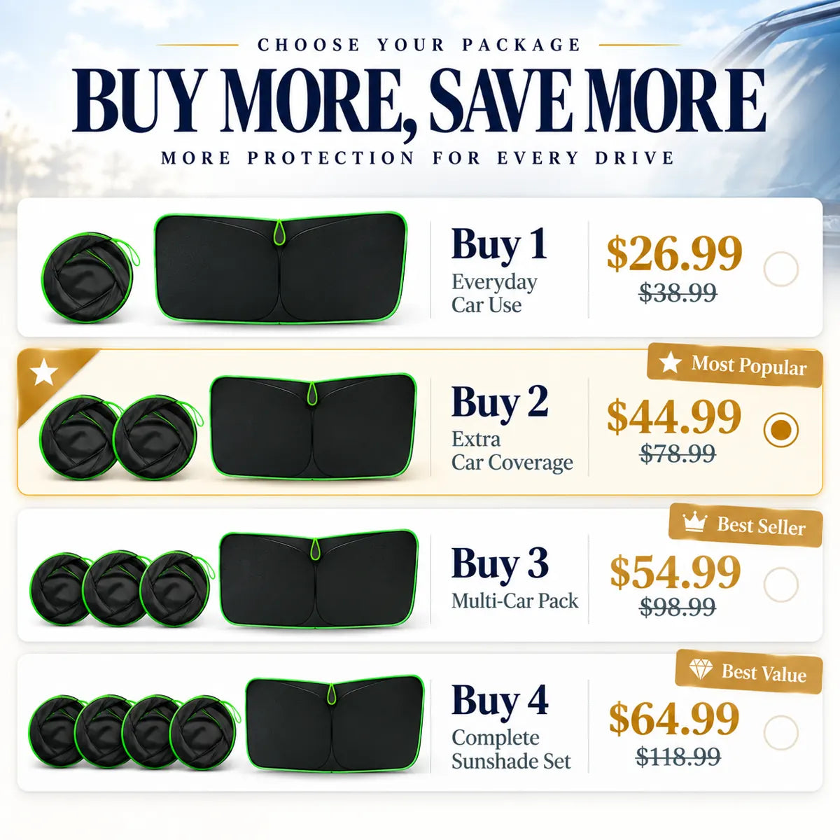 Buy more, save more package options for foldable windshield sun shades