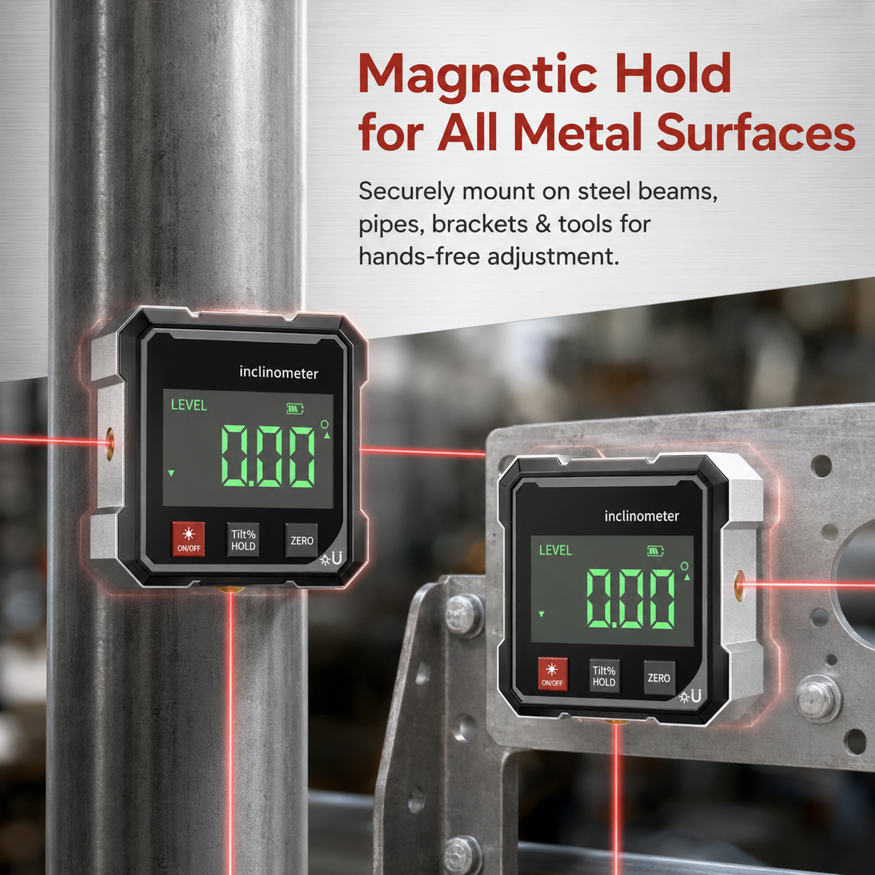 BVJ digital inclinometer held by its magnetic base on a metal work surface