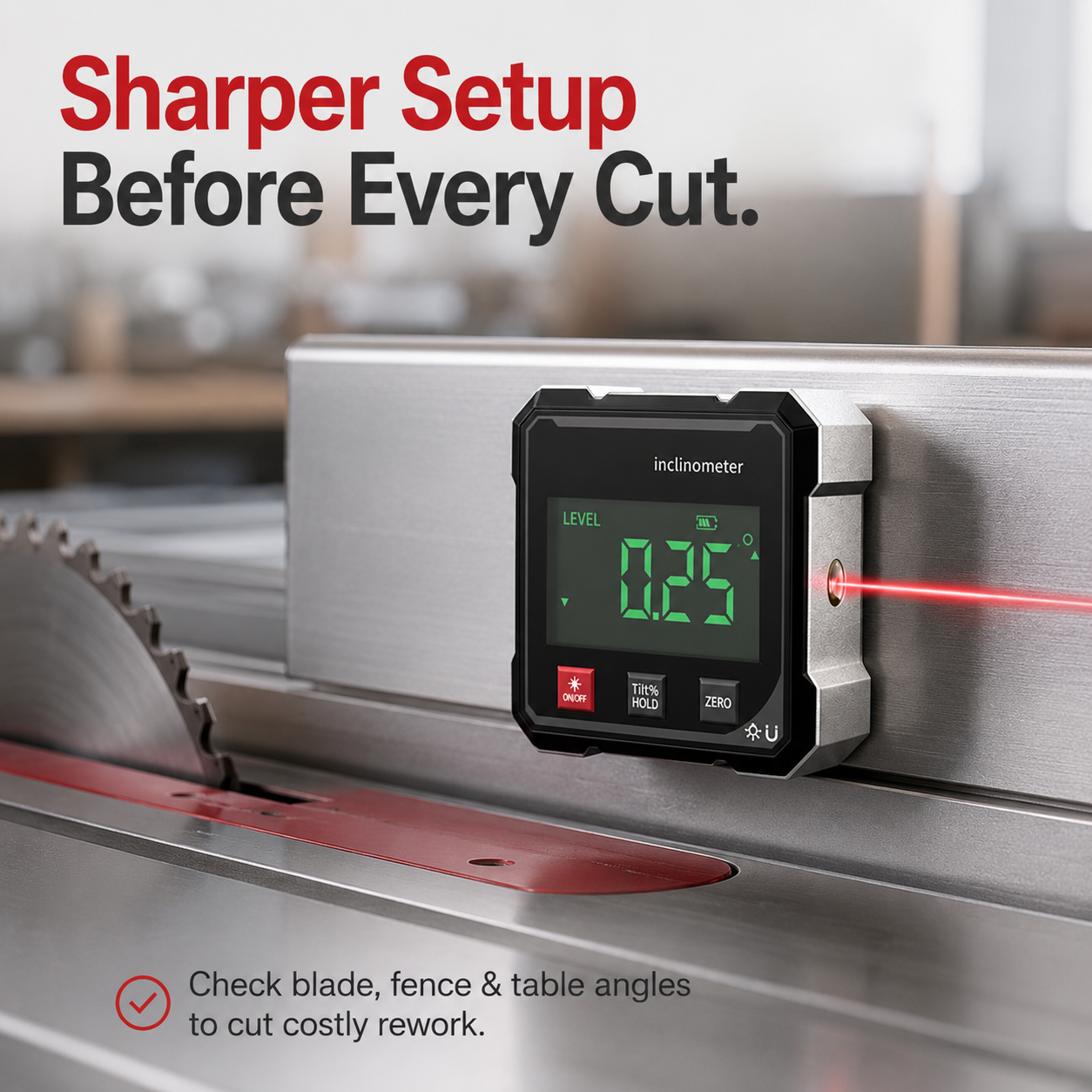 BVJ digital inclinometer checking saw blade angle before a woodworking cut