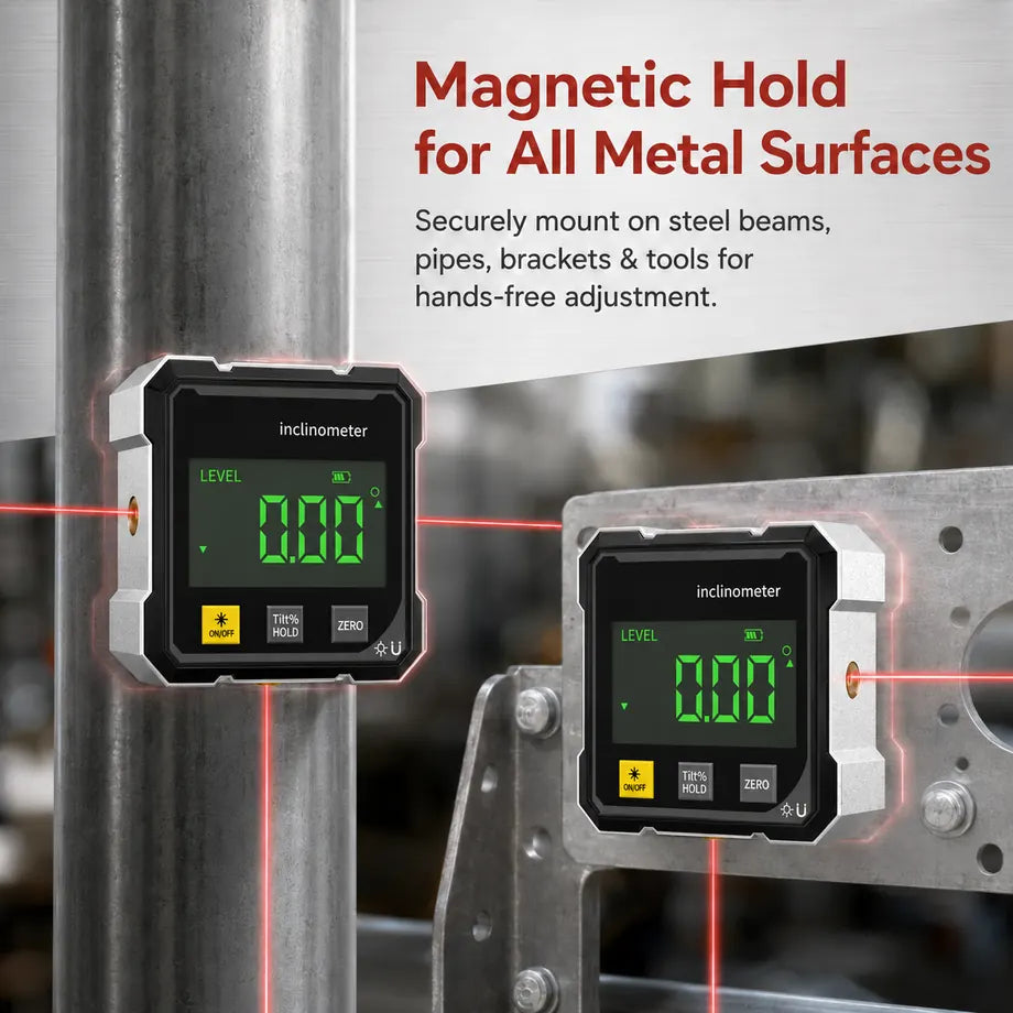 BVJ digital inclinometer magnetically held on metal surfaces