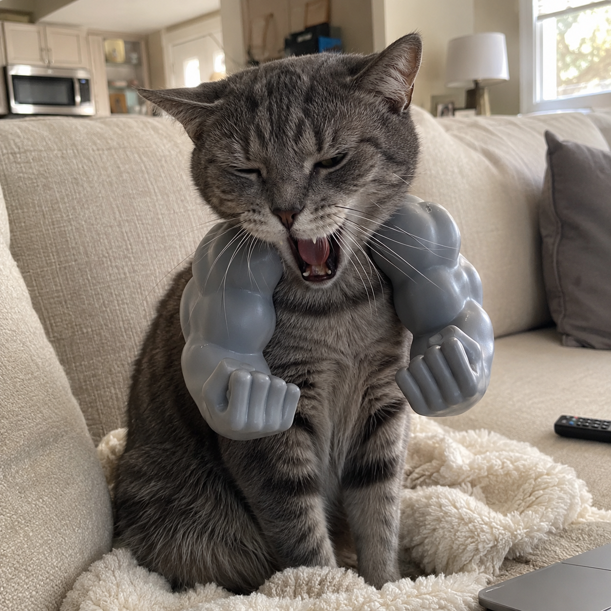 Cat wearing grey muscle arm collar on couch