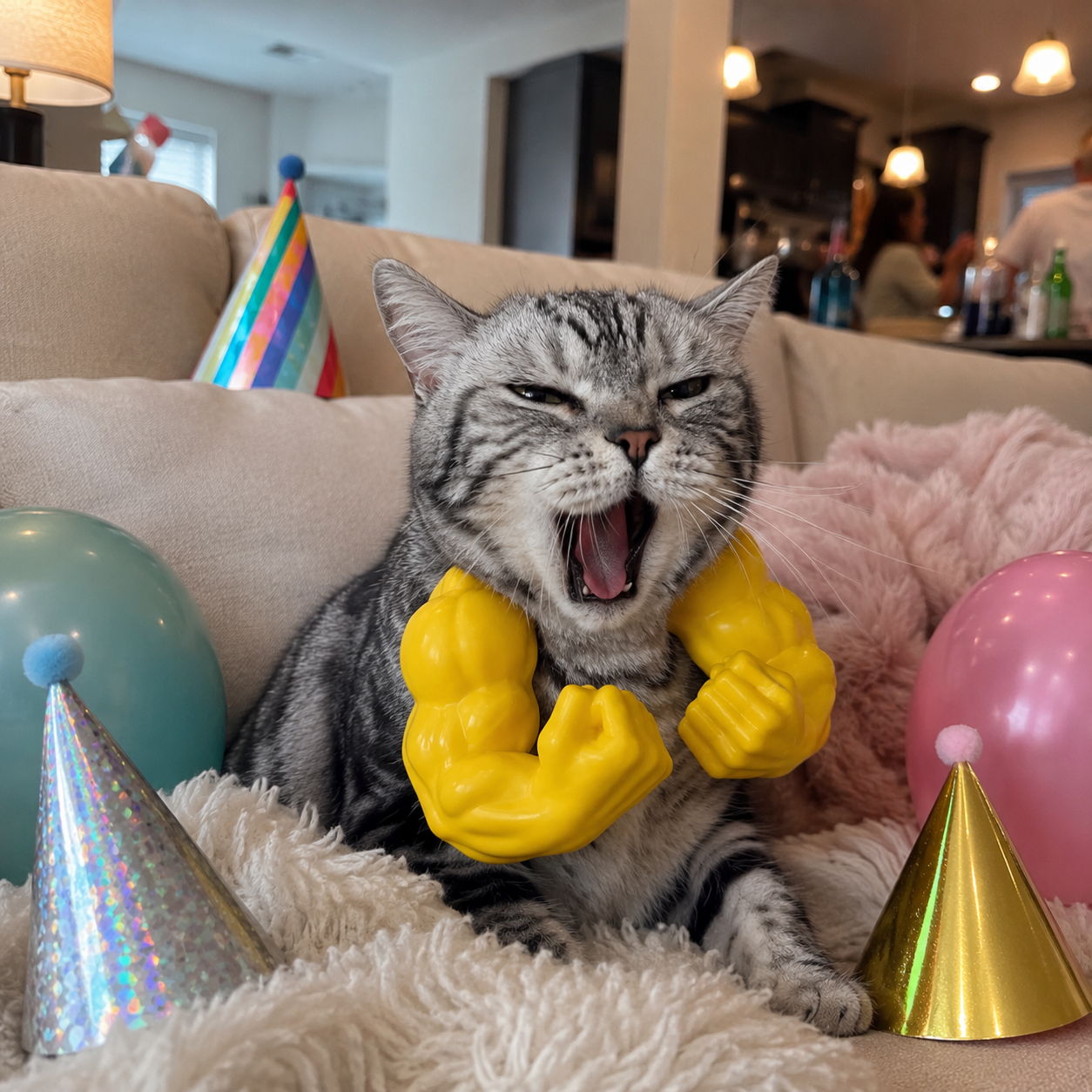 Cat wearing yellow muscle arm collar at a party