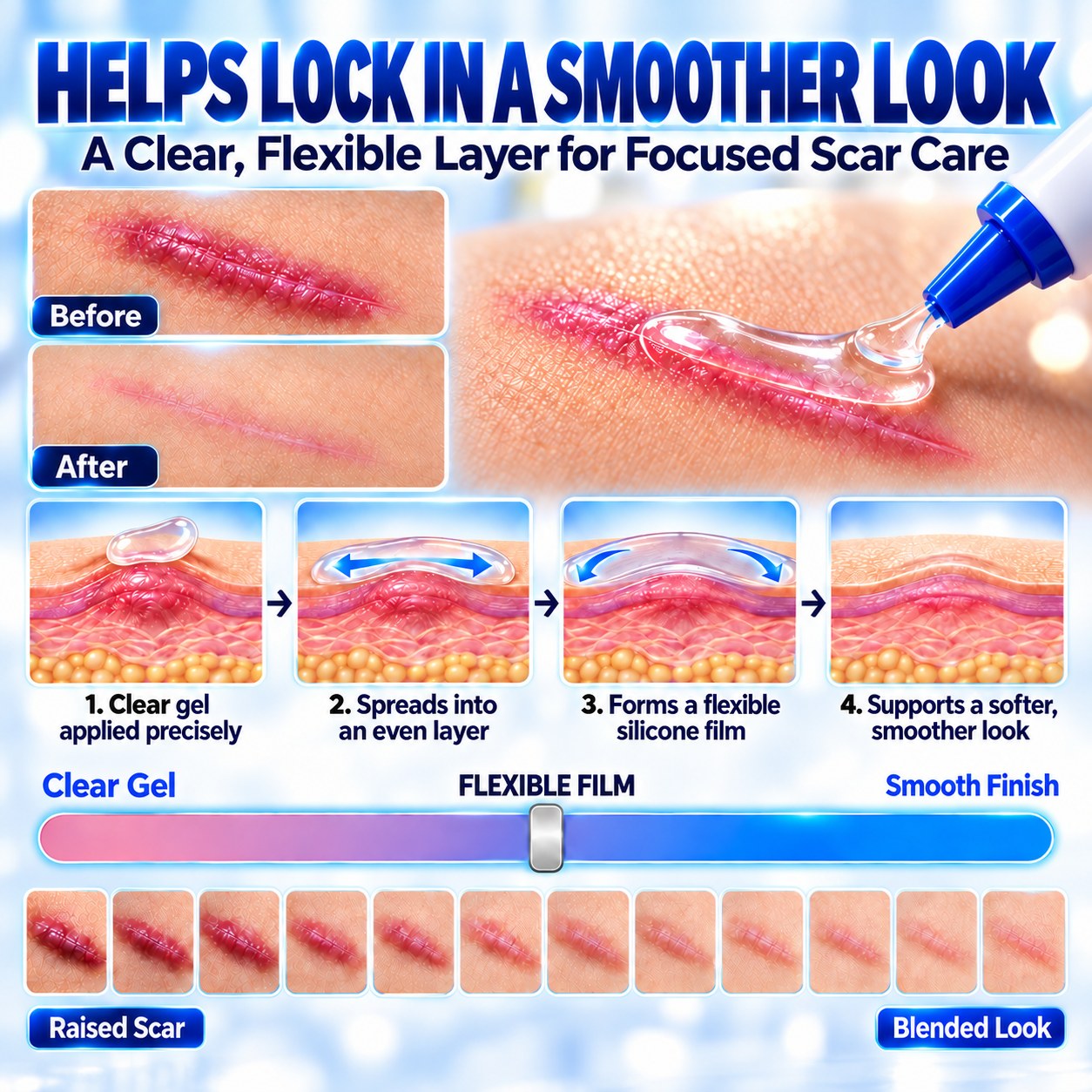 Clear silicone gel spreading into an even flexible film for focused scar care