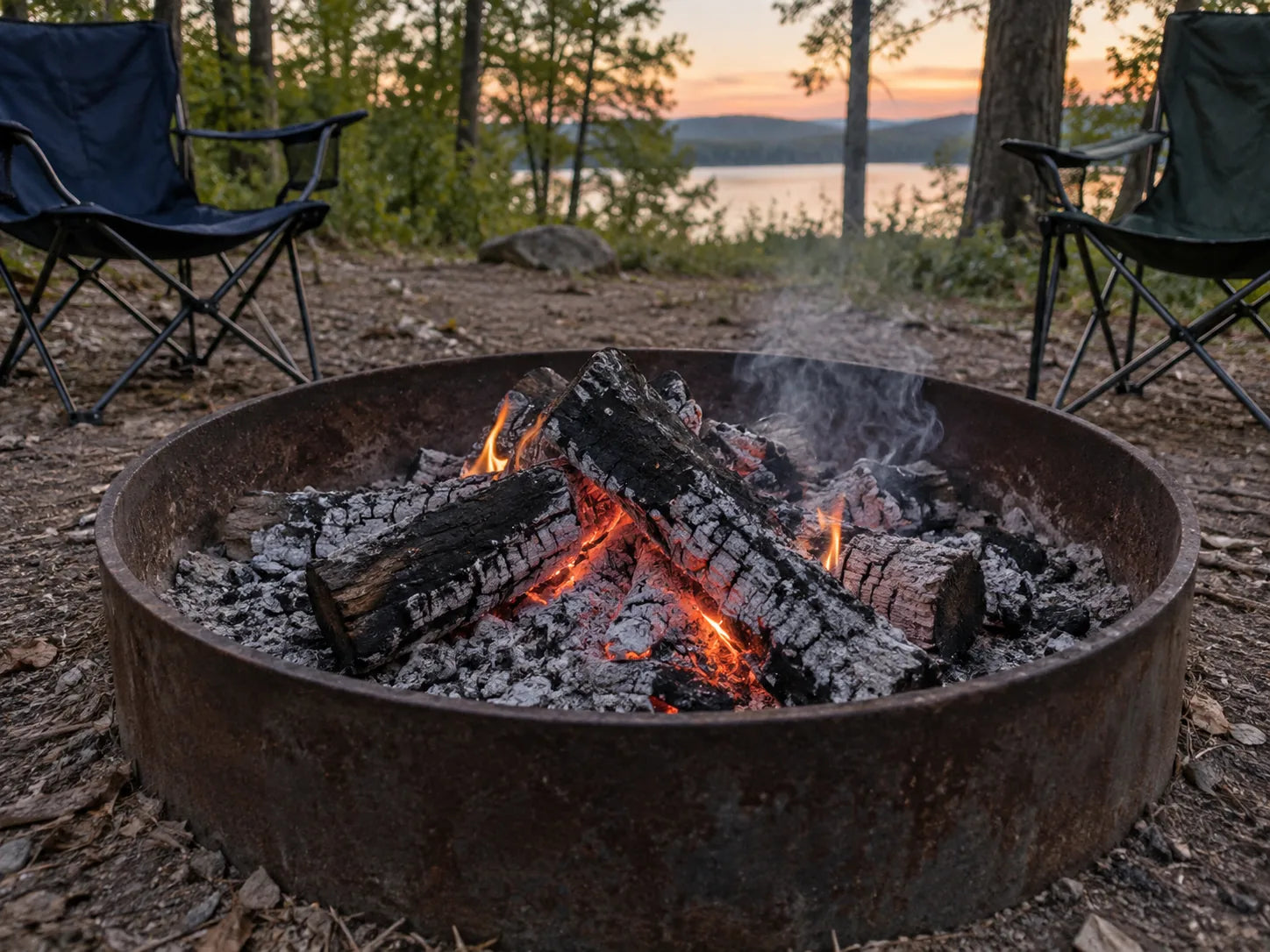 Campfire reduced to glowing embers before relighting
