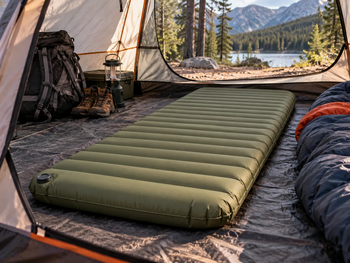 Inflated camping mattress ready for a comfortable night outdoors
