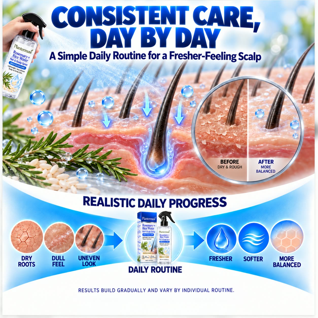 Consistent day-by-day scalp and hair care routine with realistic gradual progress