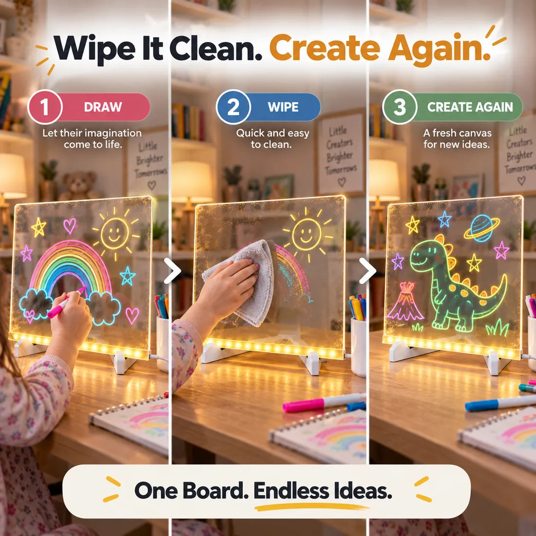 Three-step reusable acrylic LED board showing draw wipe and create again
