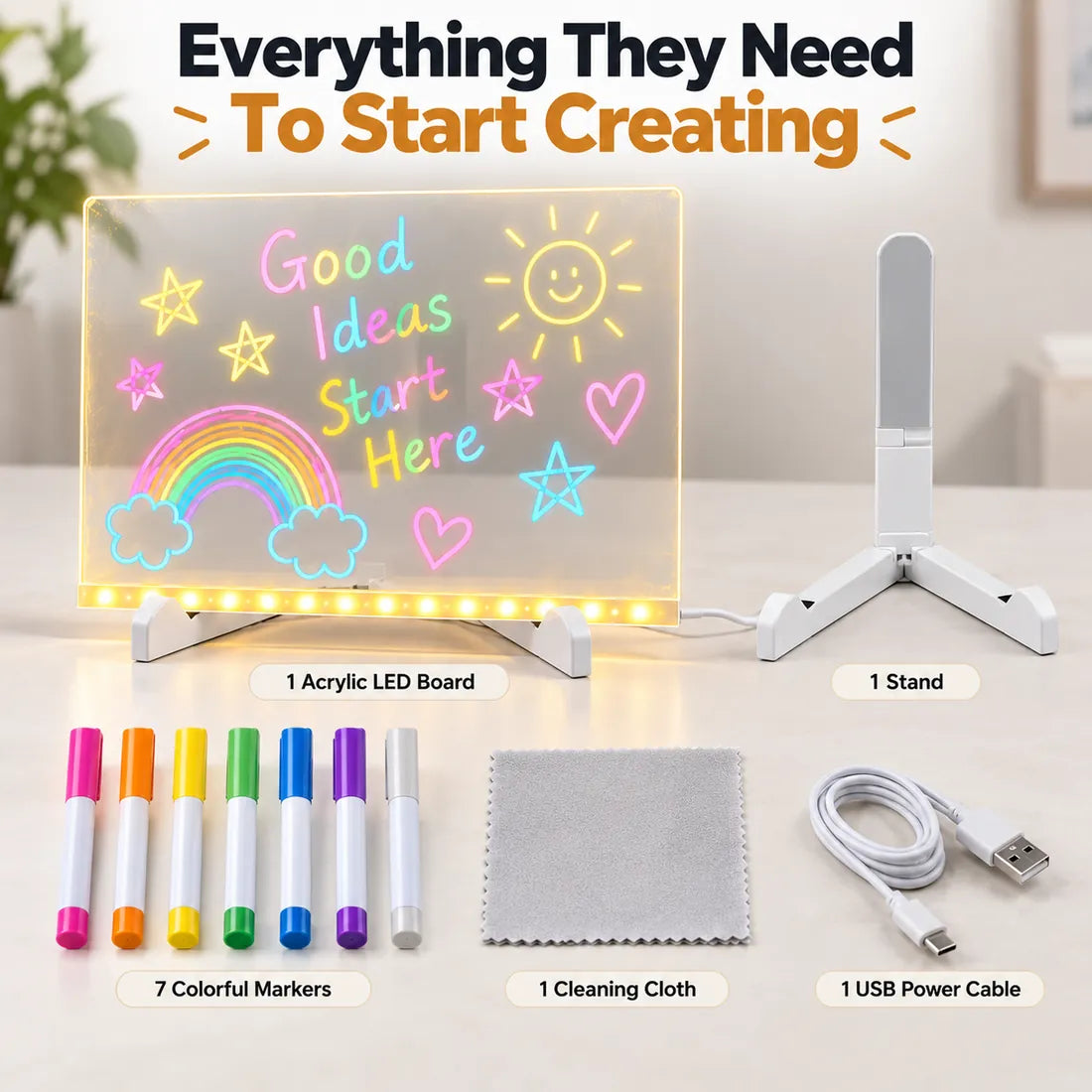 Acrylic LED drawing board set with stand seven markers cleaning cloth and USB power cable
