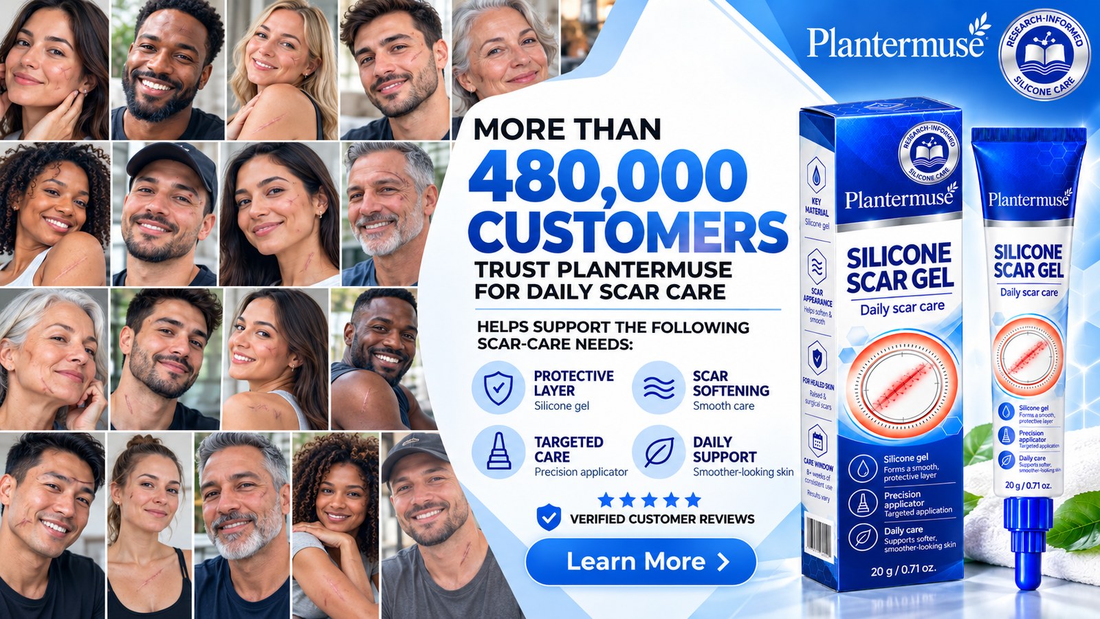 A diverse scar-care community alongside silicone scar gel packaging and daily-care benefits