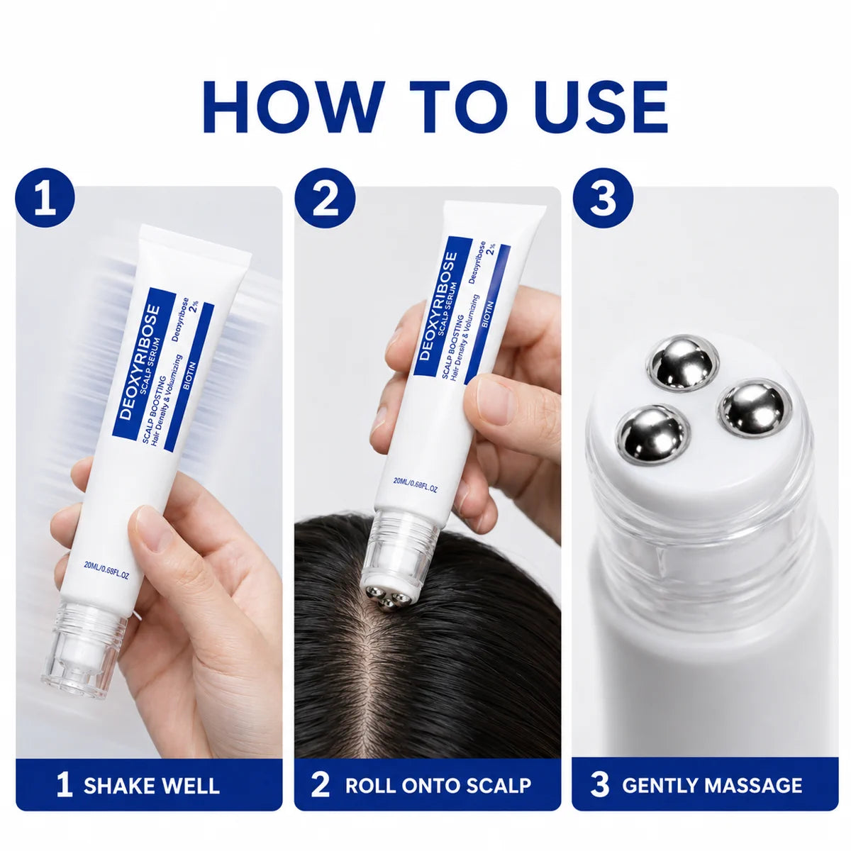 How to use scalp serum by shaking well rolling onto scalp and gently massaging