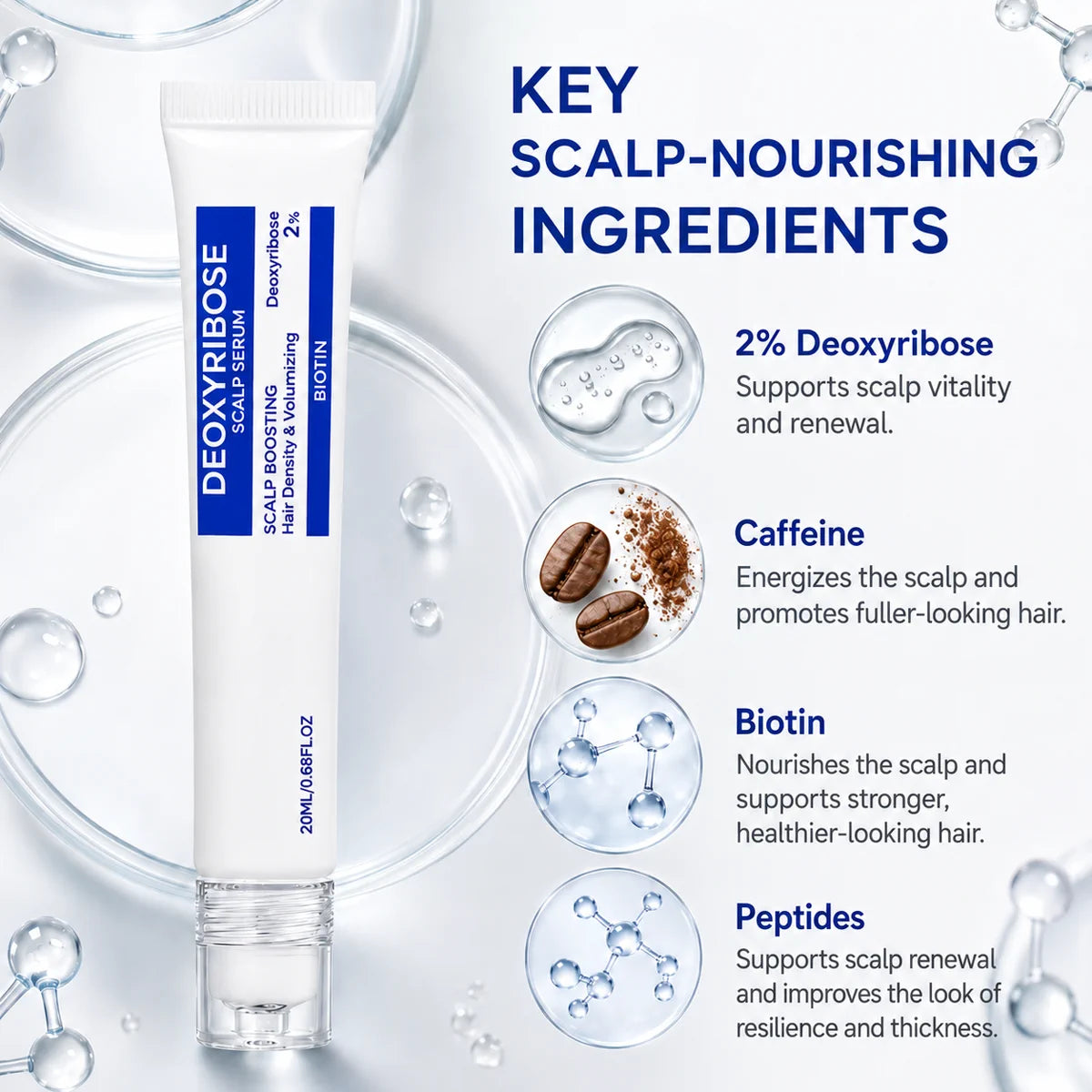Unbranded 2% deoxyribose scalp serum ingredients and product display