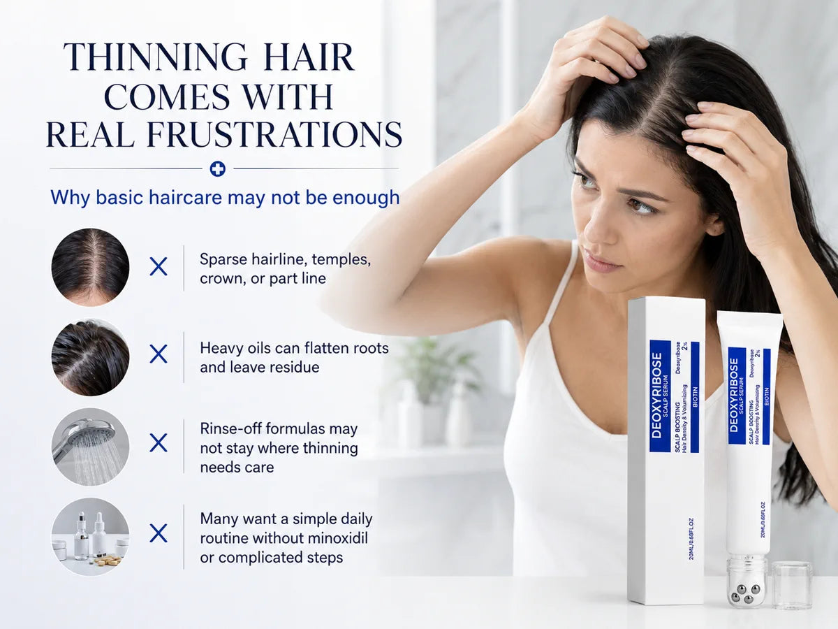 Common scalp and thinning-looking hair concerns at the hairline crown temples and part line