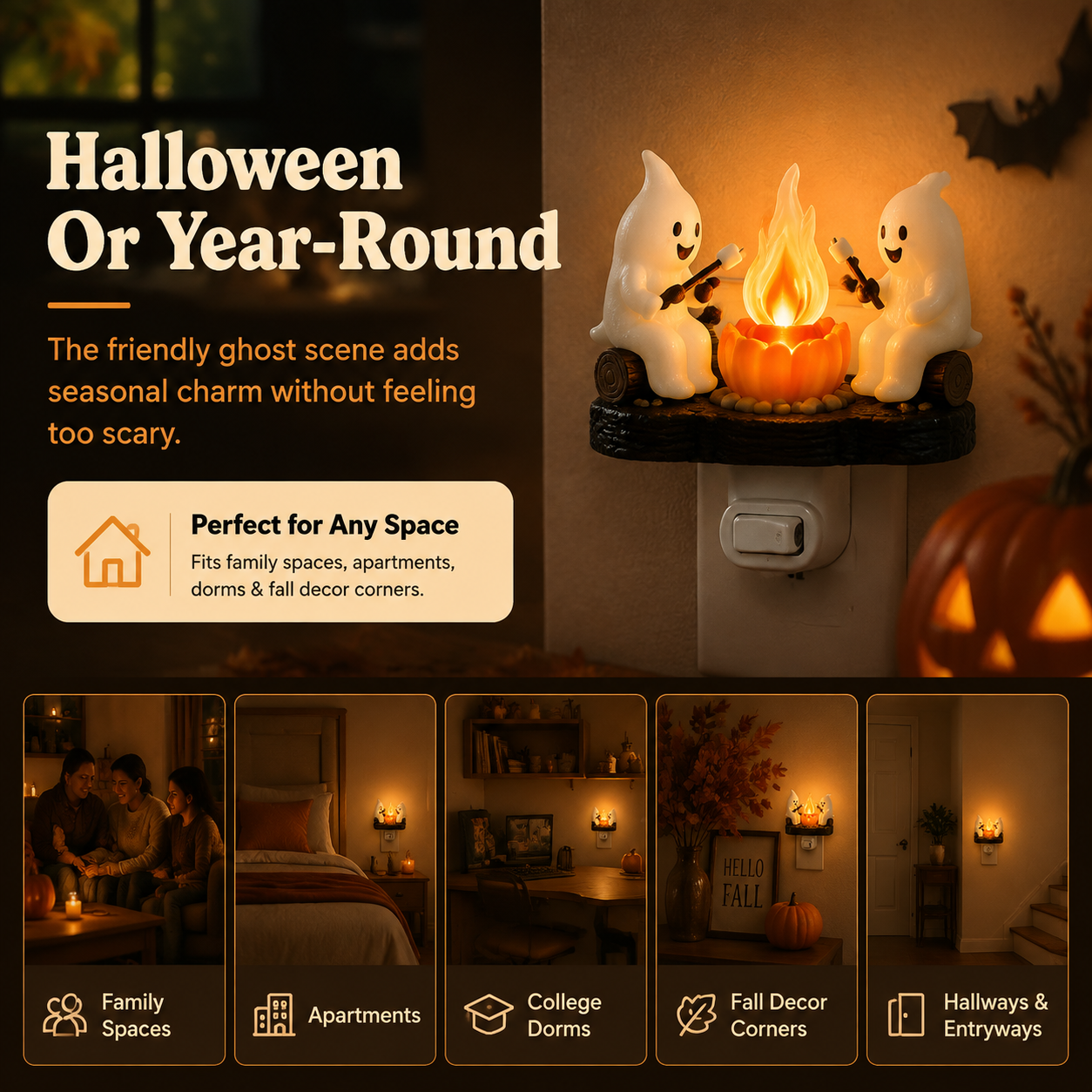 Ghost Campfire Nightlight Halloween or year-round decor scene