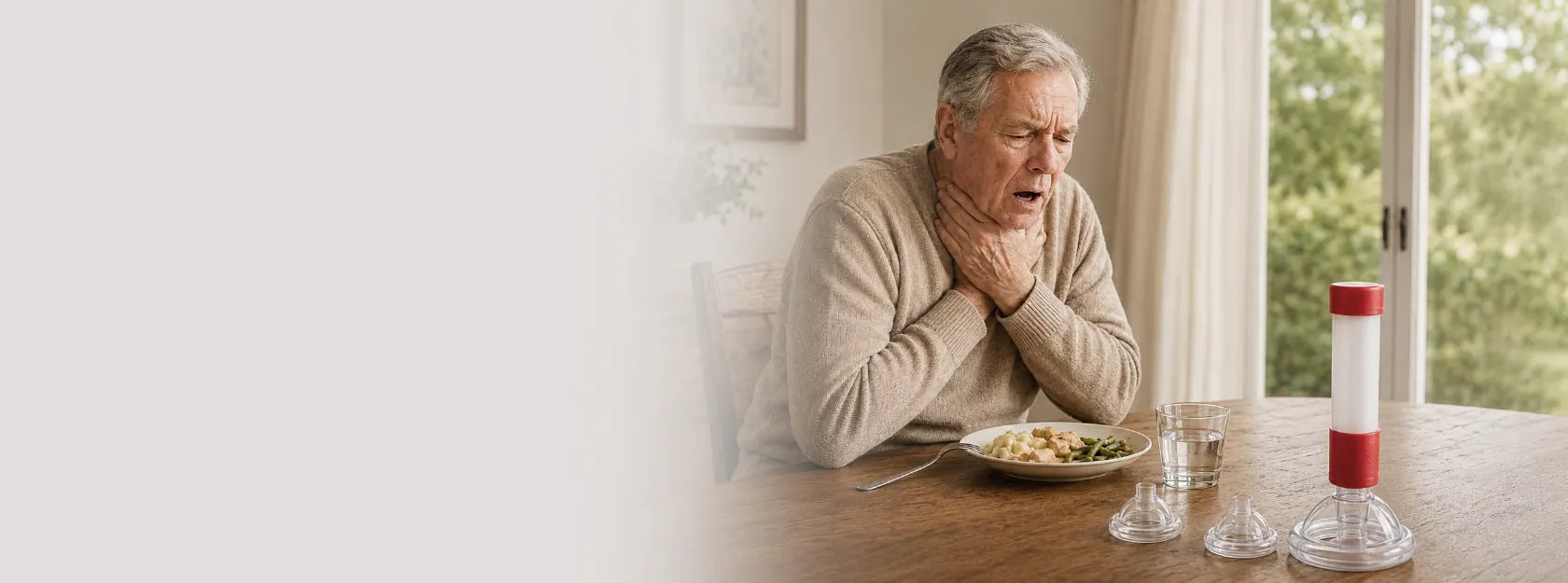 Wide dining room background showing an older adult choking near the emergency choking relief kit