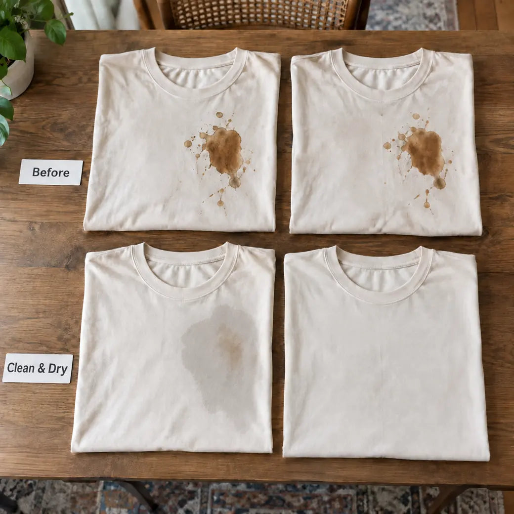 Before and clean dry comparison on white shirts with fabric stain remover