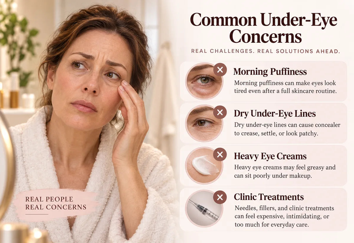 Common under-eye concerns including morning puffiness dry lines heavy eye creams and clinic treatments