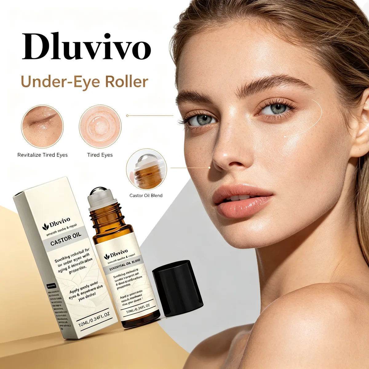 Dluvivo under-eye roller product overview with model and rollerball detail