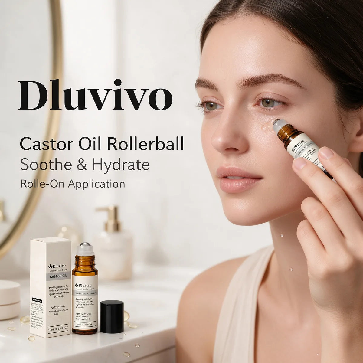 Dluvivo castor oil rollerball being applied under the eye for soothe and hydrate care