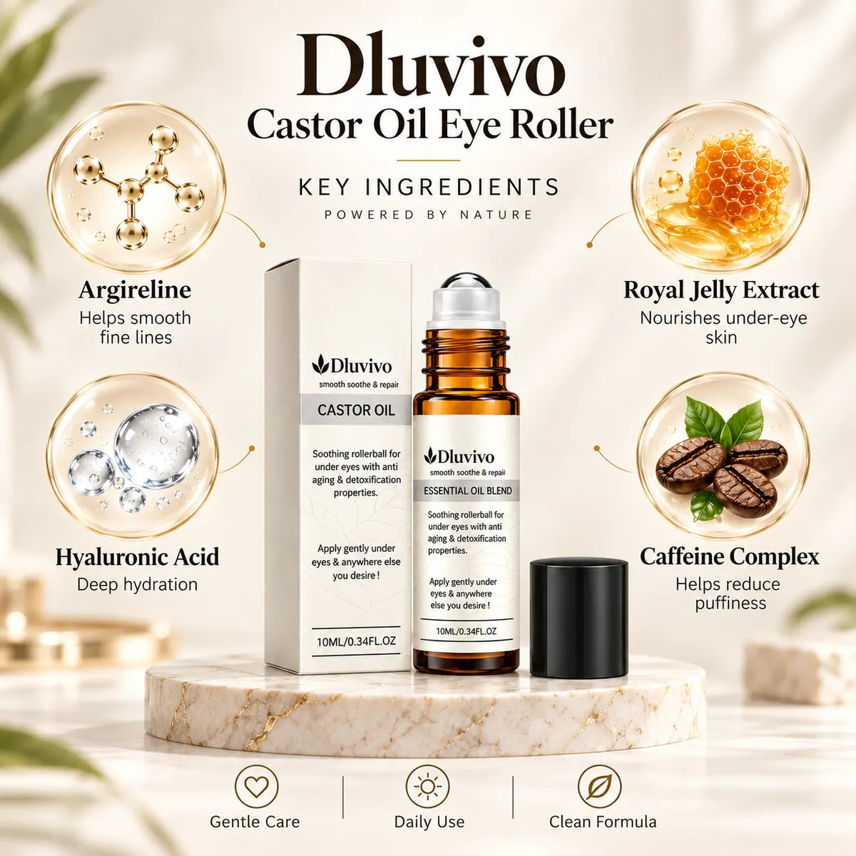 Dluvivo castor oil eye roller key ingredients including argireline hyaluronic acid royal jelly extract and caffeine complex