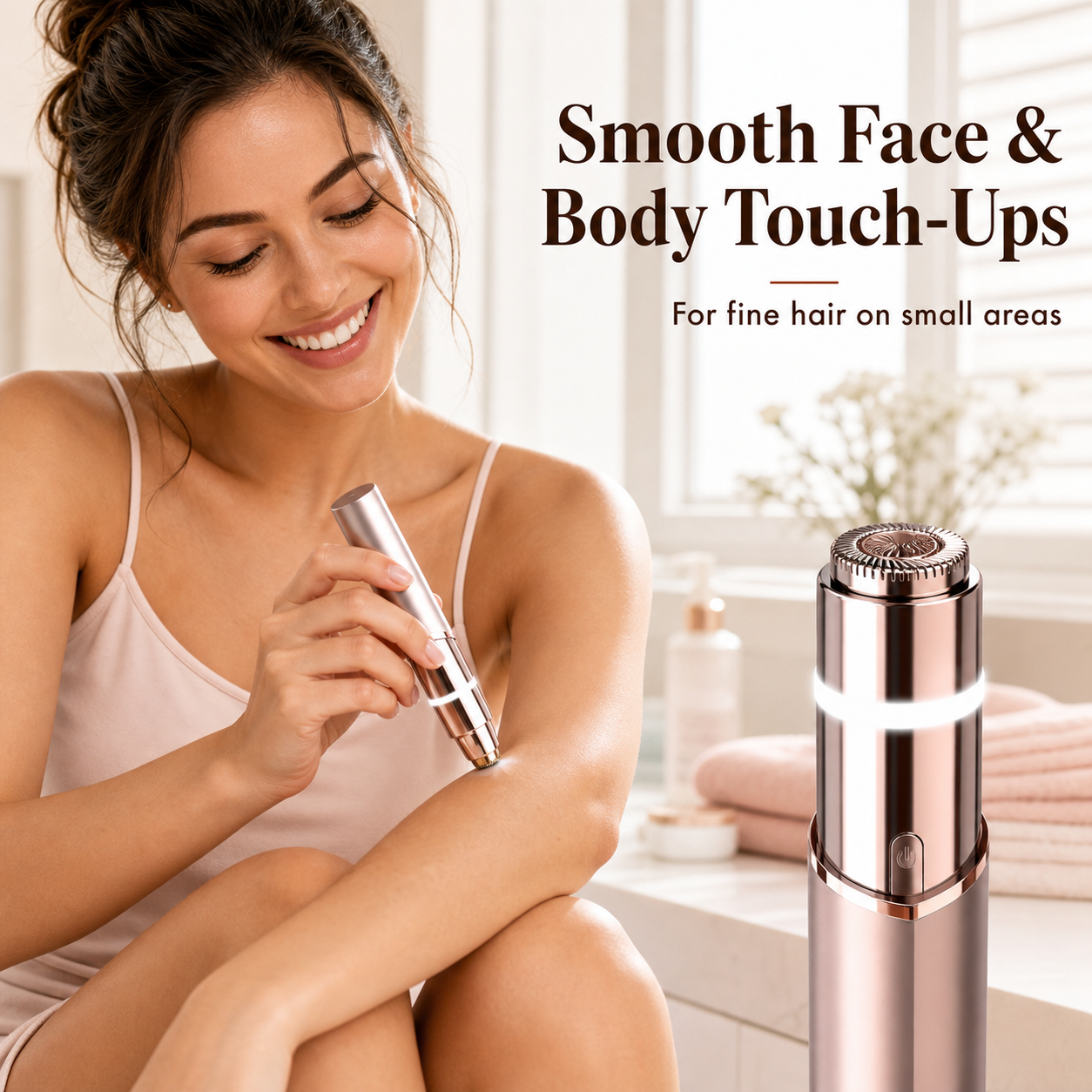 Pocket-friendly rose gold trimmer stored in a makeup pouch