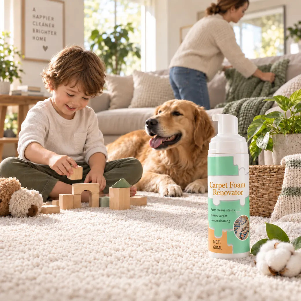 Dluvivo carpet foam renovator bottle in a family living room with child and dog