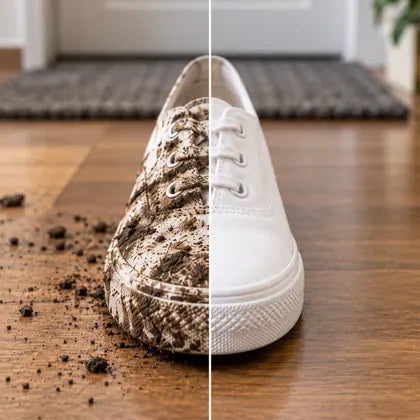 Before and after canvas shoe mud cleaning with Dluvivo waterless foam
