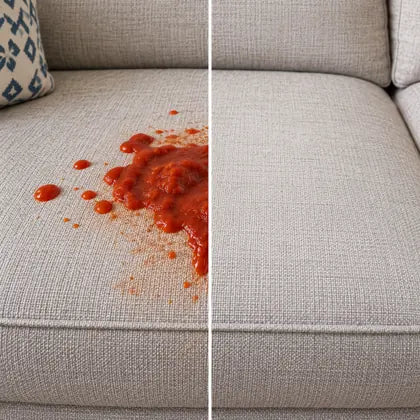Before and after sofa sauce stain cleaning with Dluvivo waterless foam
