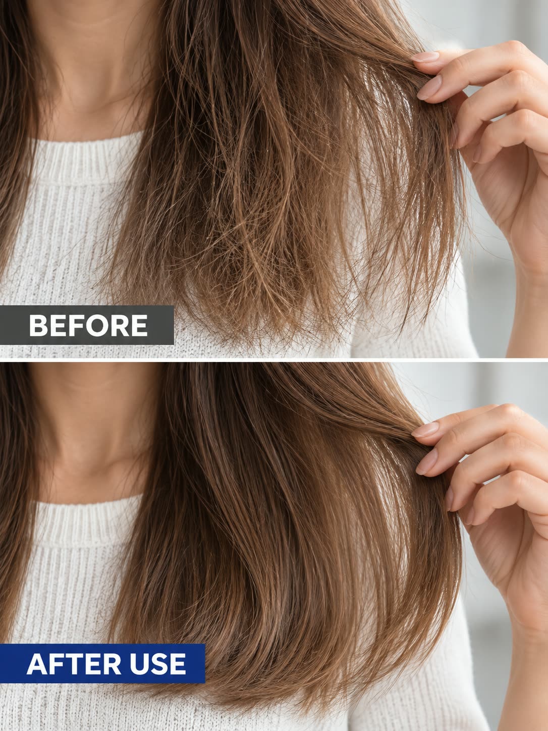 Before and after-use comparison showing dry-looking ends and a smoother-looking finish