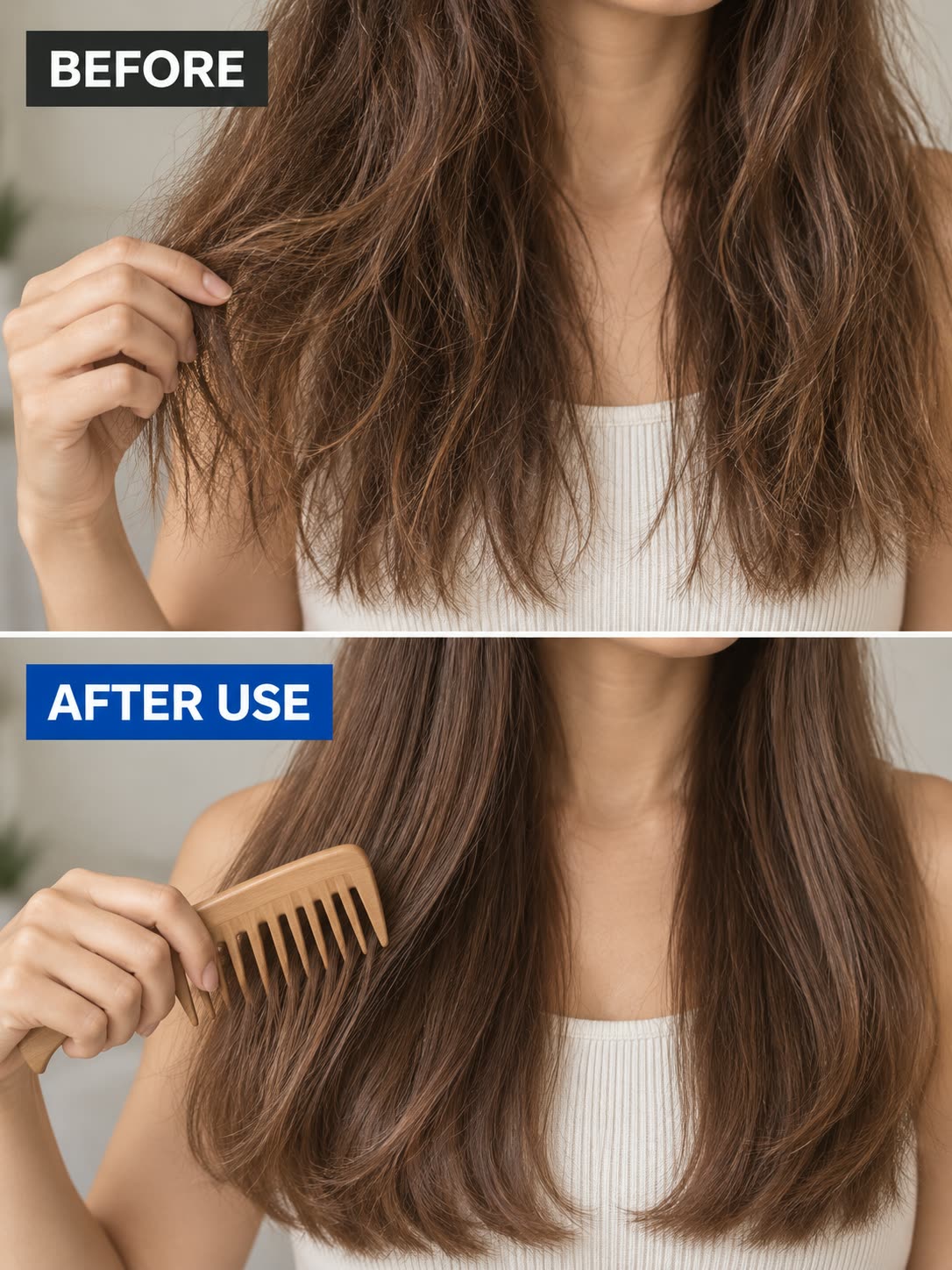 Before and after-use comparison showing dry lengths with a smoother-looking finish