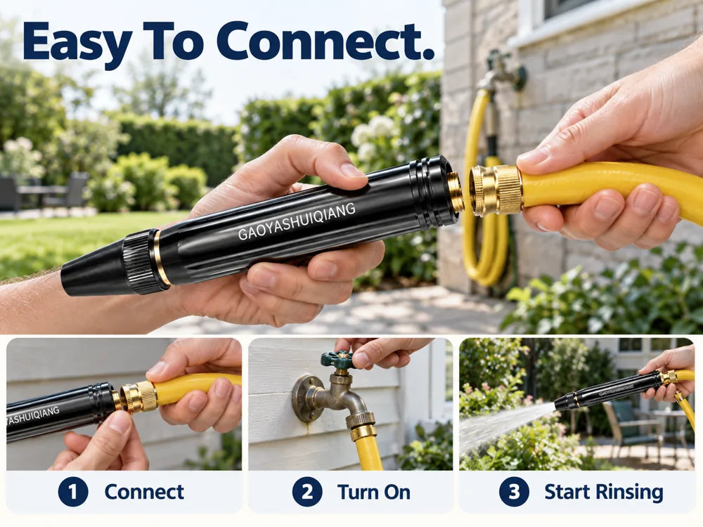High pressure sprayer nozzle connecting to a yellow garden hose