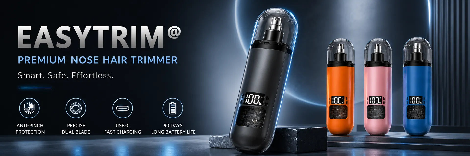 EasyTrim premium nose hair trimmer banner with color options and core features