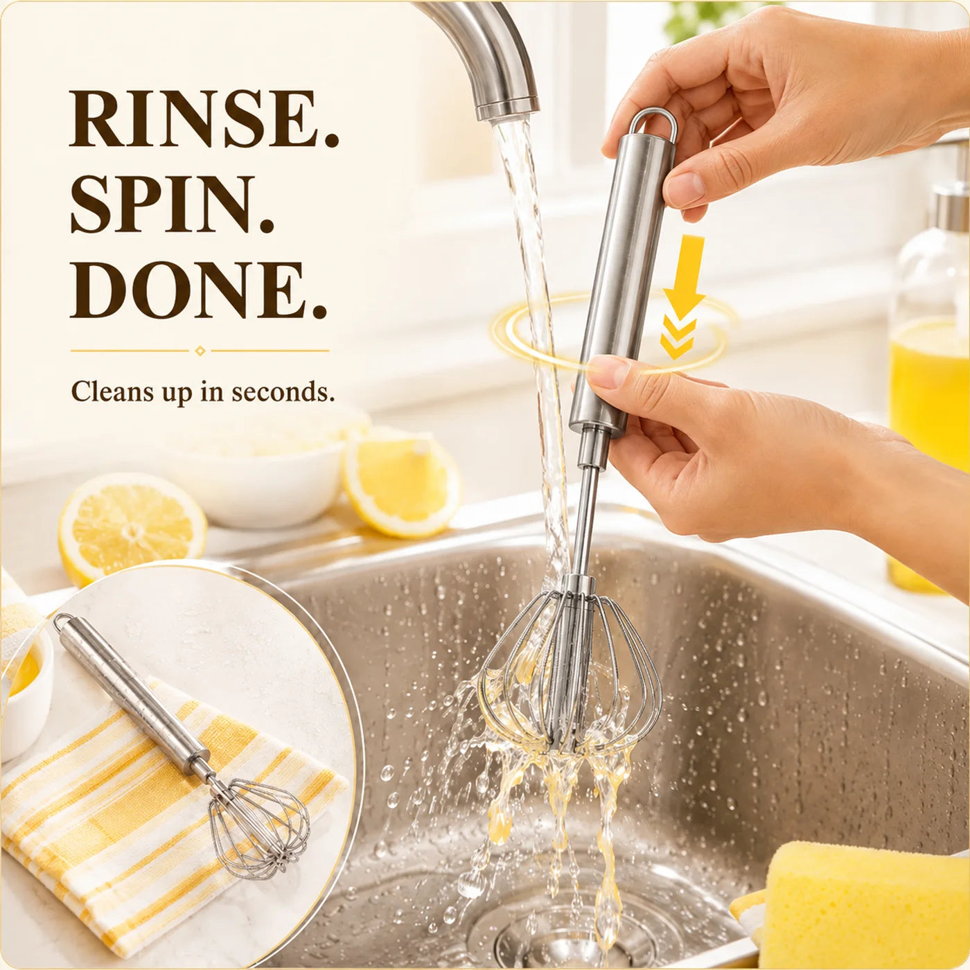 Stainless steel rotary whisk rinses clean quickly