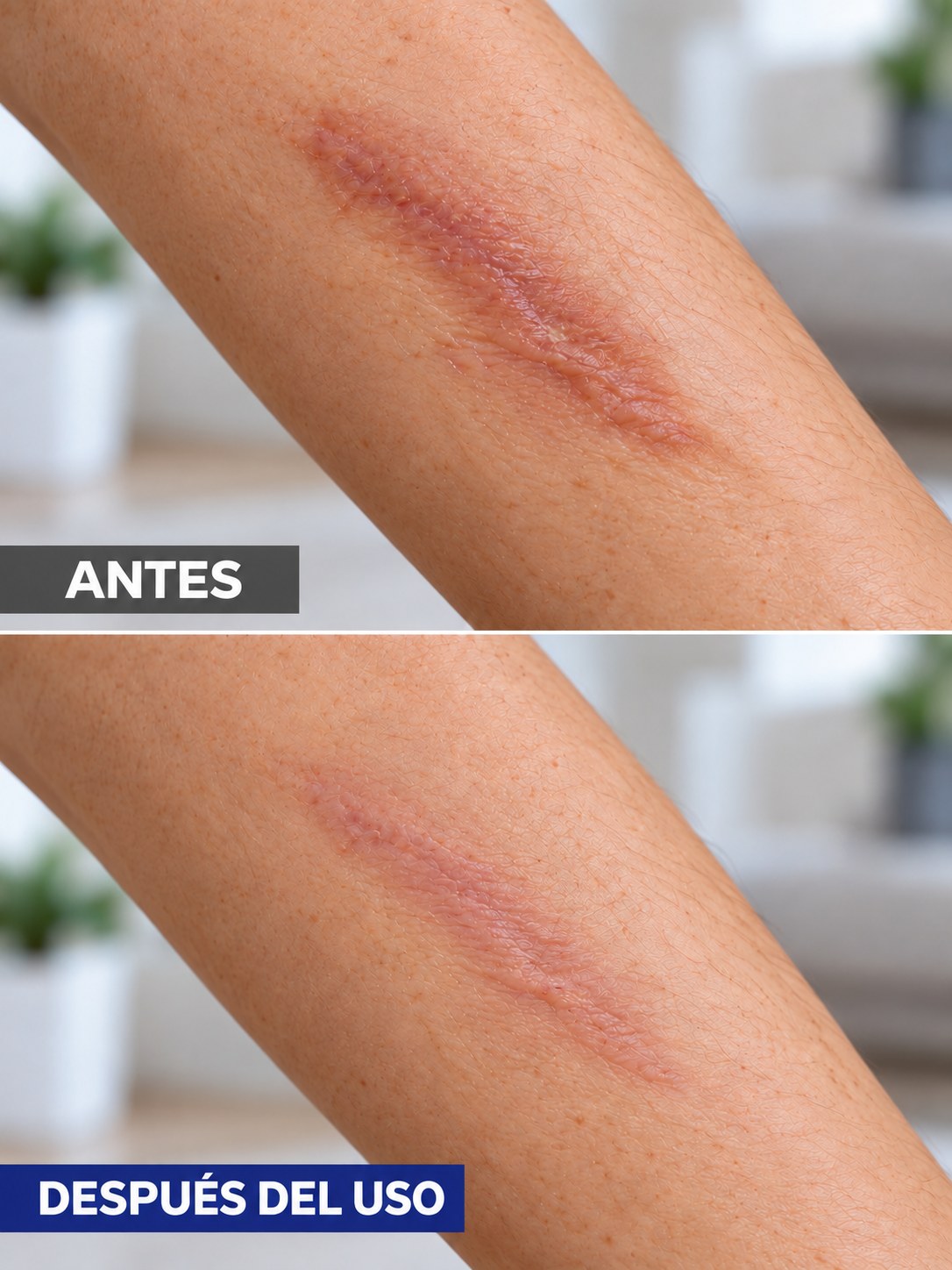 Comparación antes y después del uso en una cicatriz del antebrazo completamente cerrada