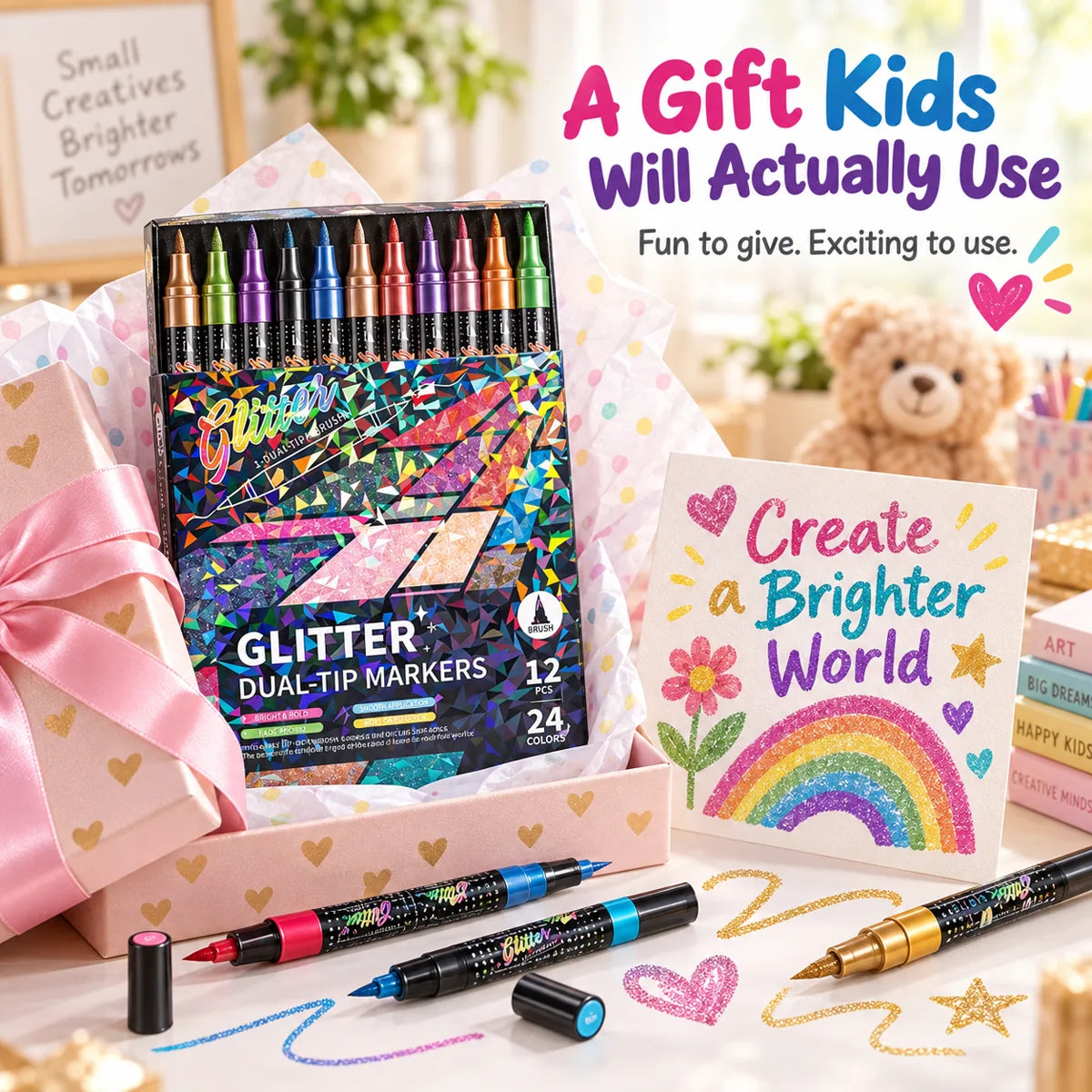 Glitter dual-tip marker gift set with handmade rainbow card and colorful creative packaging