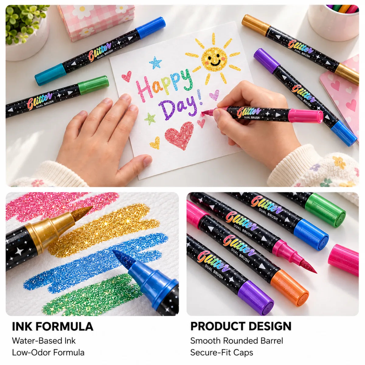 Close-up of glitter acrylic paint markers showing sealed caps rounded marker bodies and easy-control tips for safer family craft use