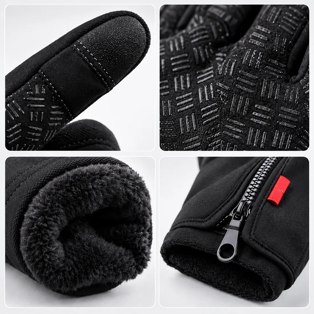 Close up details of touchscreen fingertips anti-slip palms fleece lining and zipper cuffs