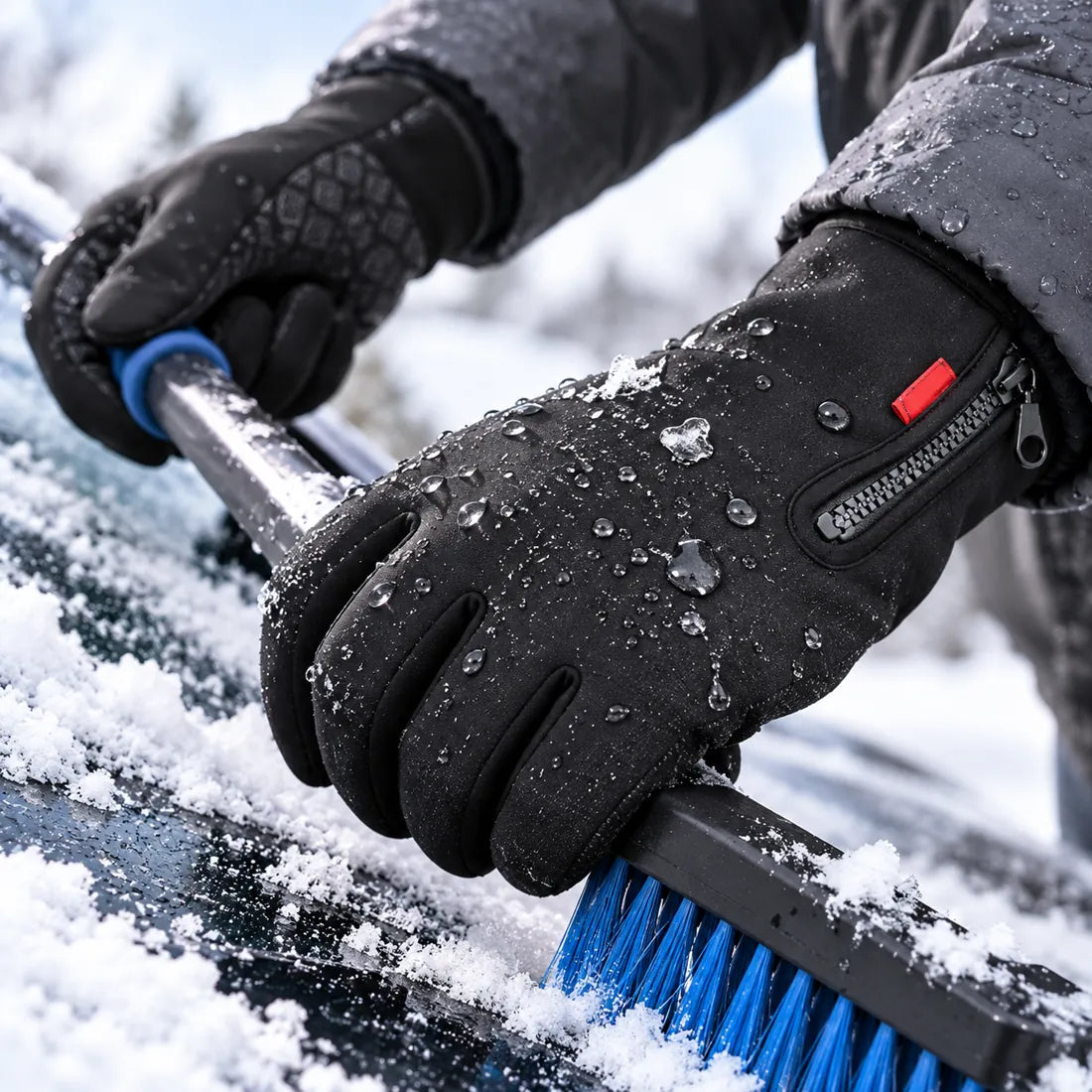 Waterproof winter gloves covered with water drops while brushing snow from a car