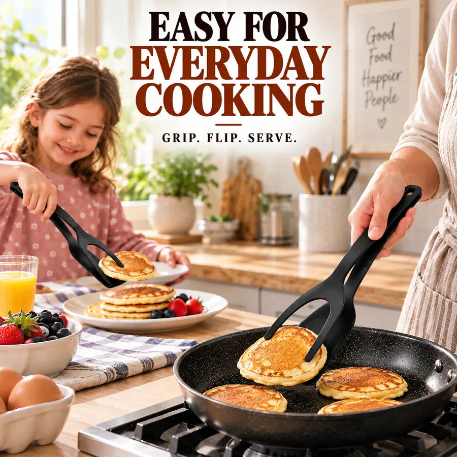 Grip and flip spatula tongs used by an adult and child for everyday pancake cooking